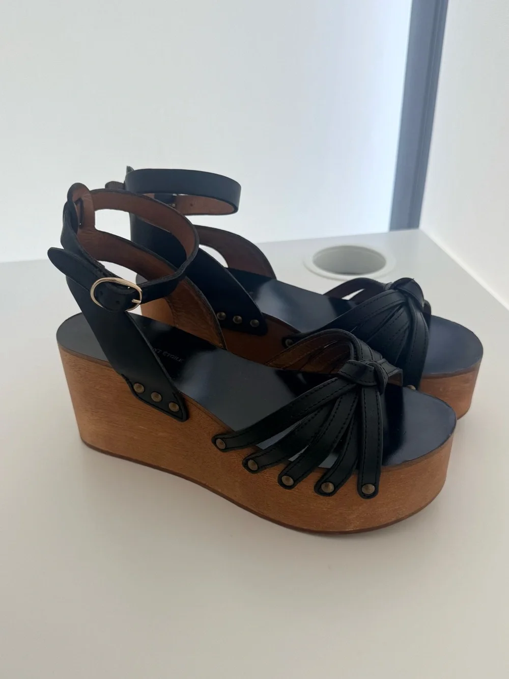 Isabel Marant Étoile Black Leather Wooden Platform Wedge Sandals Ankle Strap